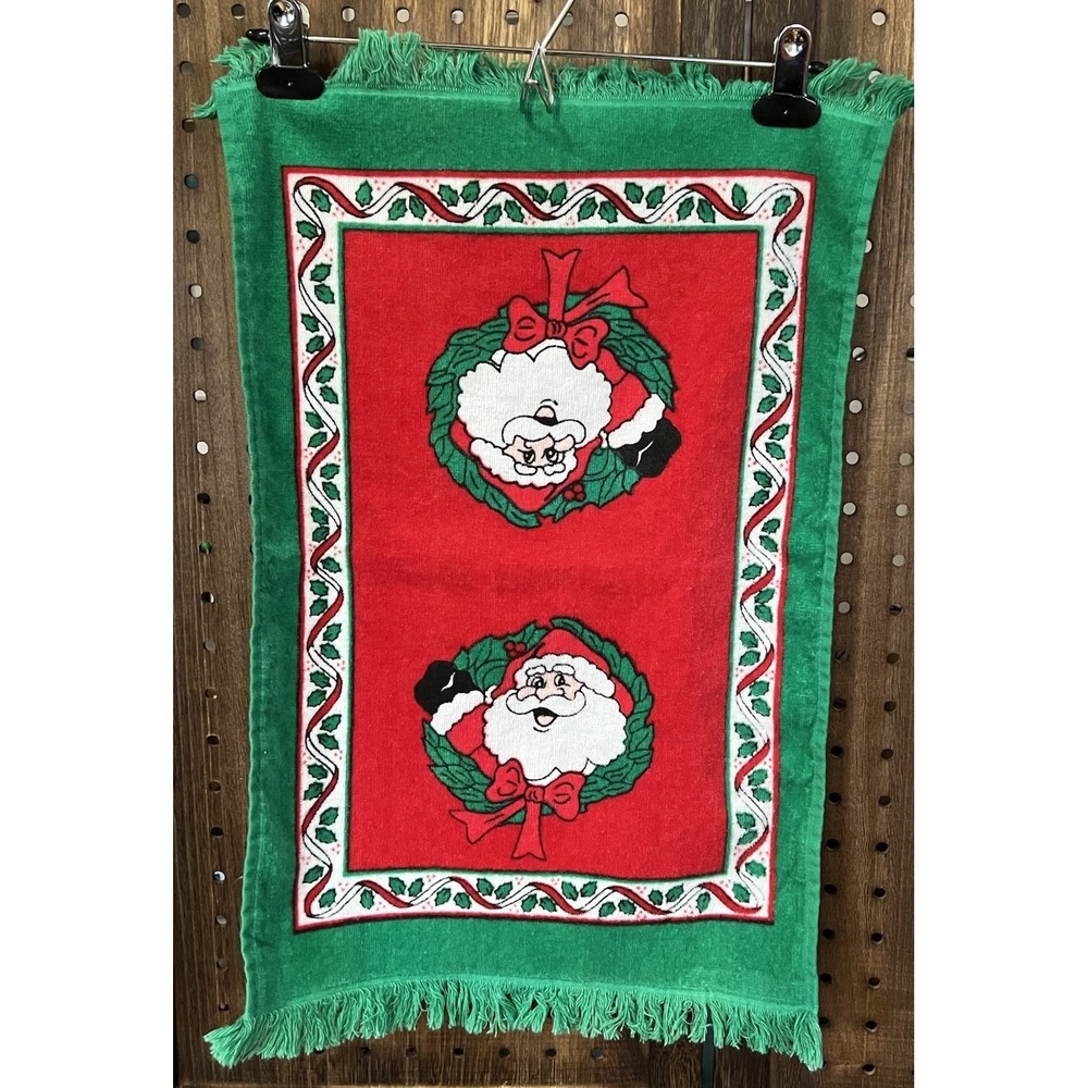 Vtg Christmas Santa Kitchen Towel Hilasal 100% Cotton Green Red Vintage Kitsch